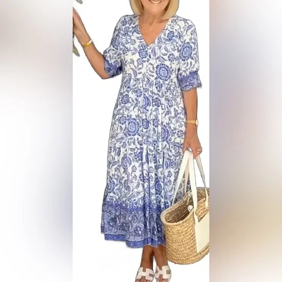 🥳SUMMER🥳 MALDILA BLUE/White Boho Midi Dress, Size L - Picture 3 of 9